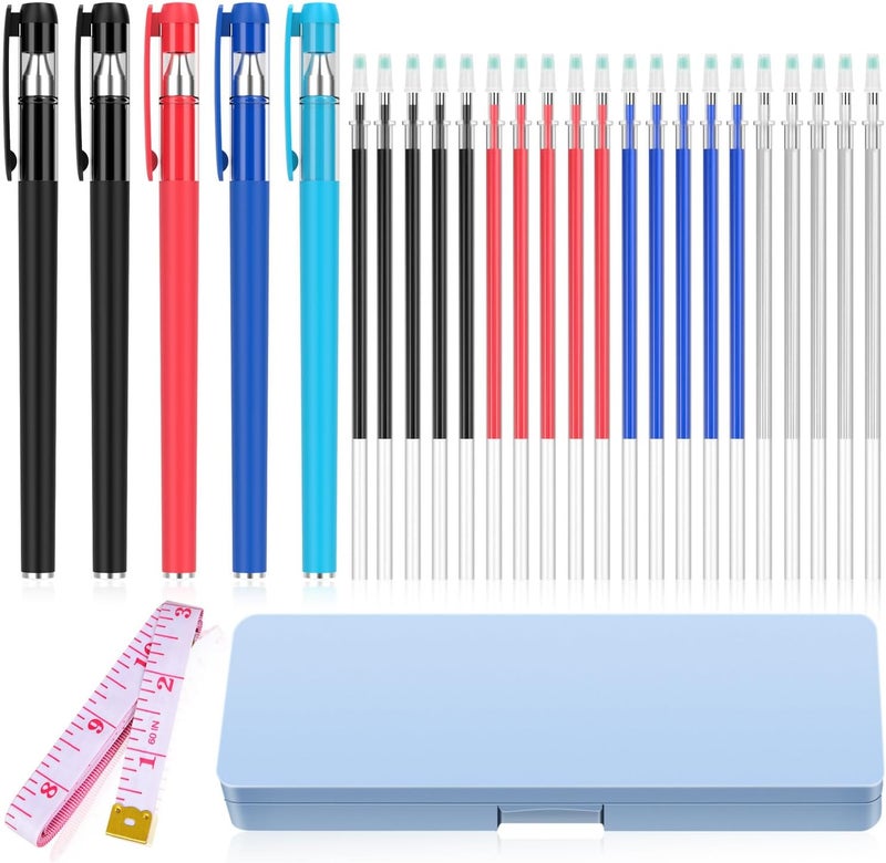 WANFRES fabric markers for sewing, heat erasable pens for fabric sewing and quilting, 5 pens + 20 refills, embroidery fabric pen, disappearing ink pen for fabric, tailors marking, sewing supplies. - Image 1
